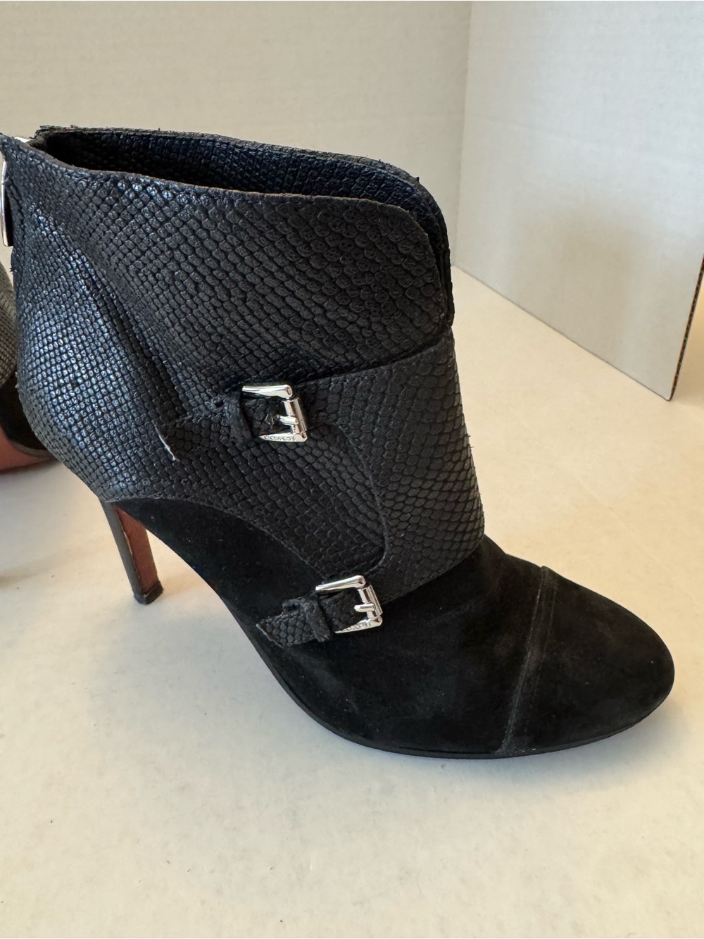 Coach Black Suede Snakeskin Double Monk Strap Booties Heel 7B